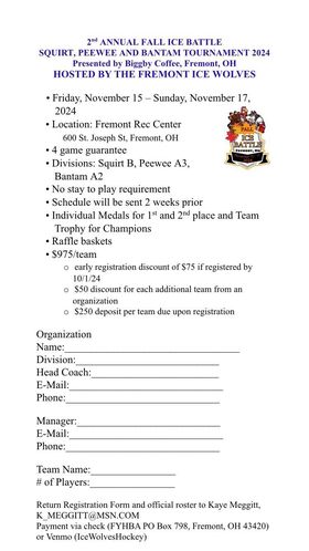 2nd Annual Fall ice Battle Squirt PeeWee and Bantam Tournament 11-15 thru 11-17 Squirt B, PeeWee A3 Bantam A2