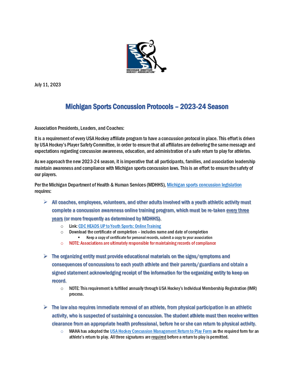 MAHA Update - Michigan Sports Concussion Laws - 7-11-231